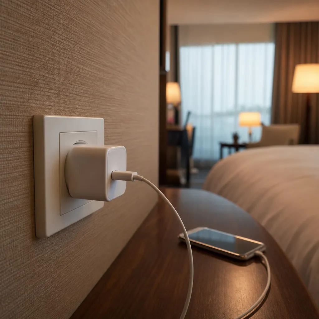 Reseadapter inkopplad i ett vägguttag på ett hotellrum med en telefon som laddas
