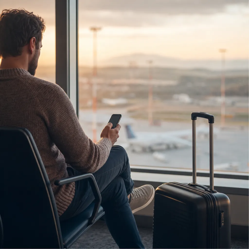 Resenär tittar på sin mobiltelefon i väntsal med utsikt över flygplatsen
