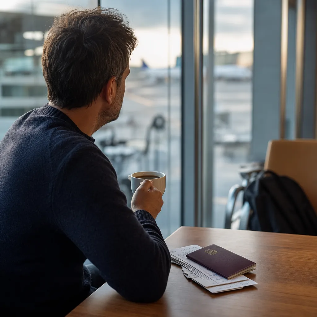 Resenär med pass och resedokument vid ett bord i väntsal före avresa
