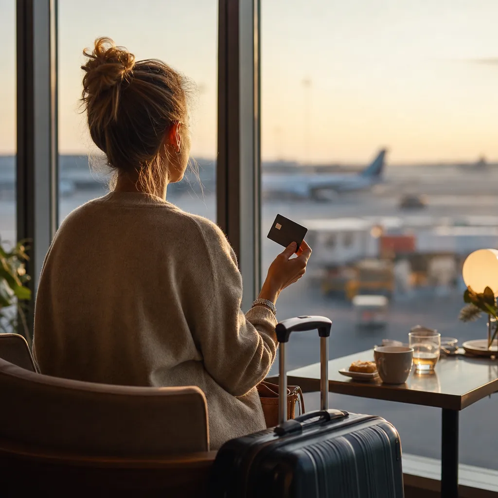Resenär i flygplatslounge håller ett betalkort i handen med resväska och landningsbana i bakgrunden