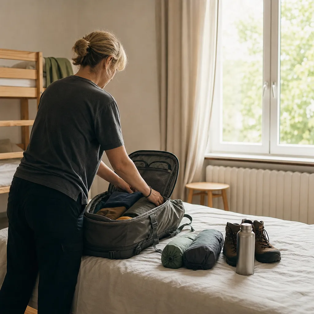Resenär packar en reseryggsäck på en säng i ett enkelt vandrarhemsrum