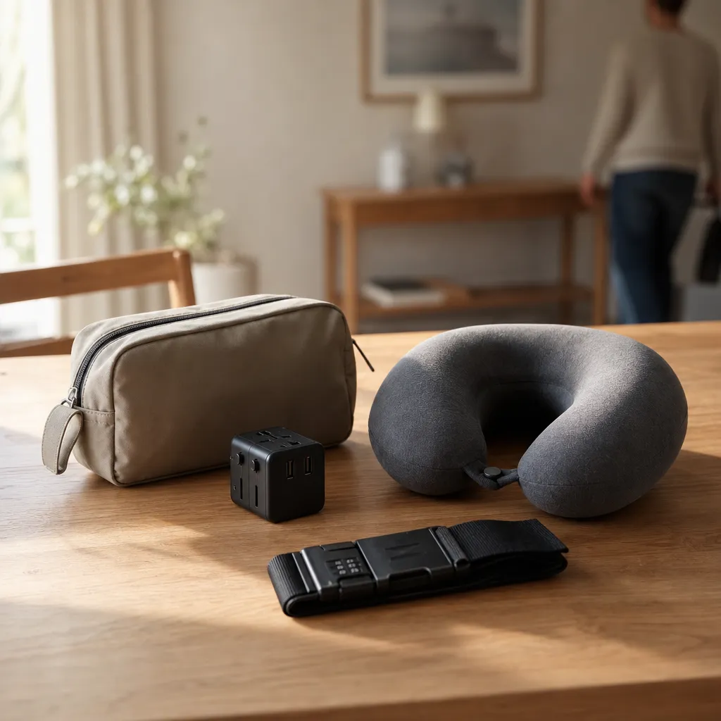 Utvalda resetillbehör uppradade på ett bord: packpåse, reseadapter, nackkudde och bagagerem