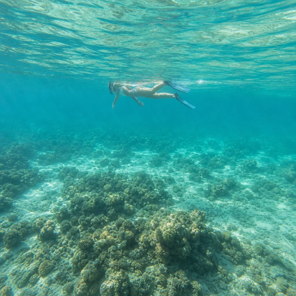 Snorklare vid korallrev i klarblått vatten vid Röda havet