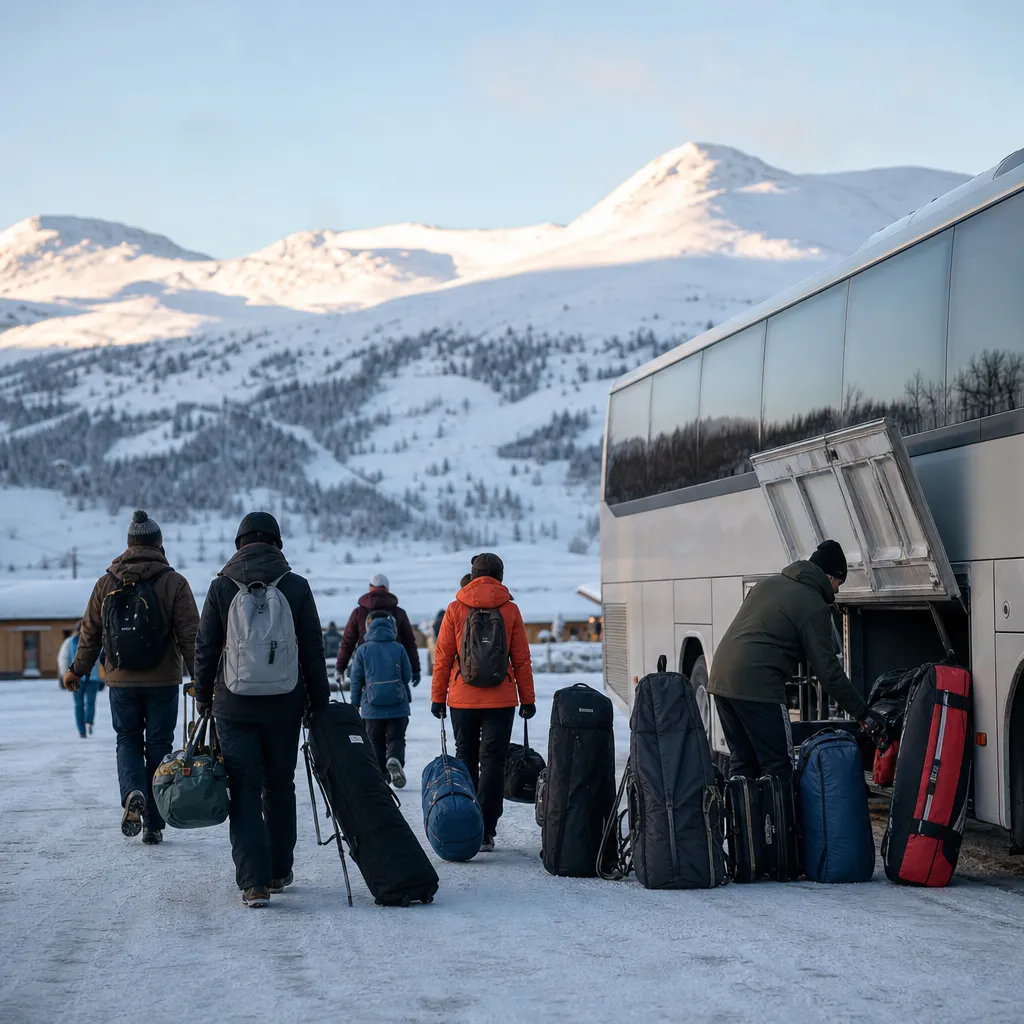 Skidresenärer lastar bagage i en transferbuss tidig morgon vid foten av en alpin skidort