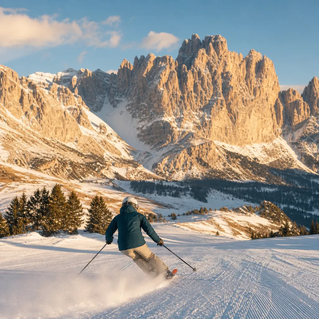 Skidåkare sedd bakifrån på en preparerad pist med Dolomiternas ljusa kalkstensklippor i kvällsljus