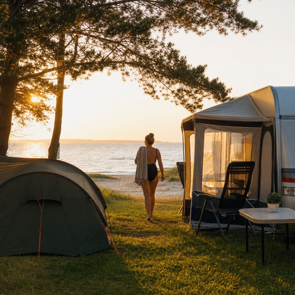 Tält och husvagn med förtält uppställda på en strandnära camping i kvällsljus