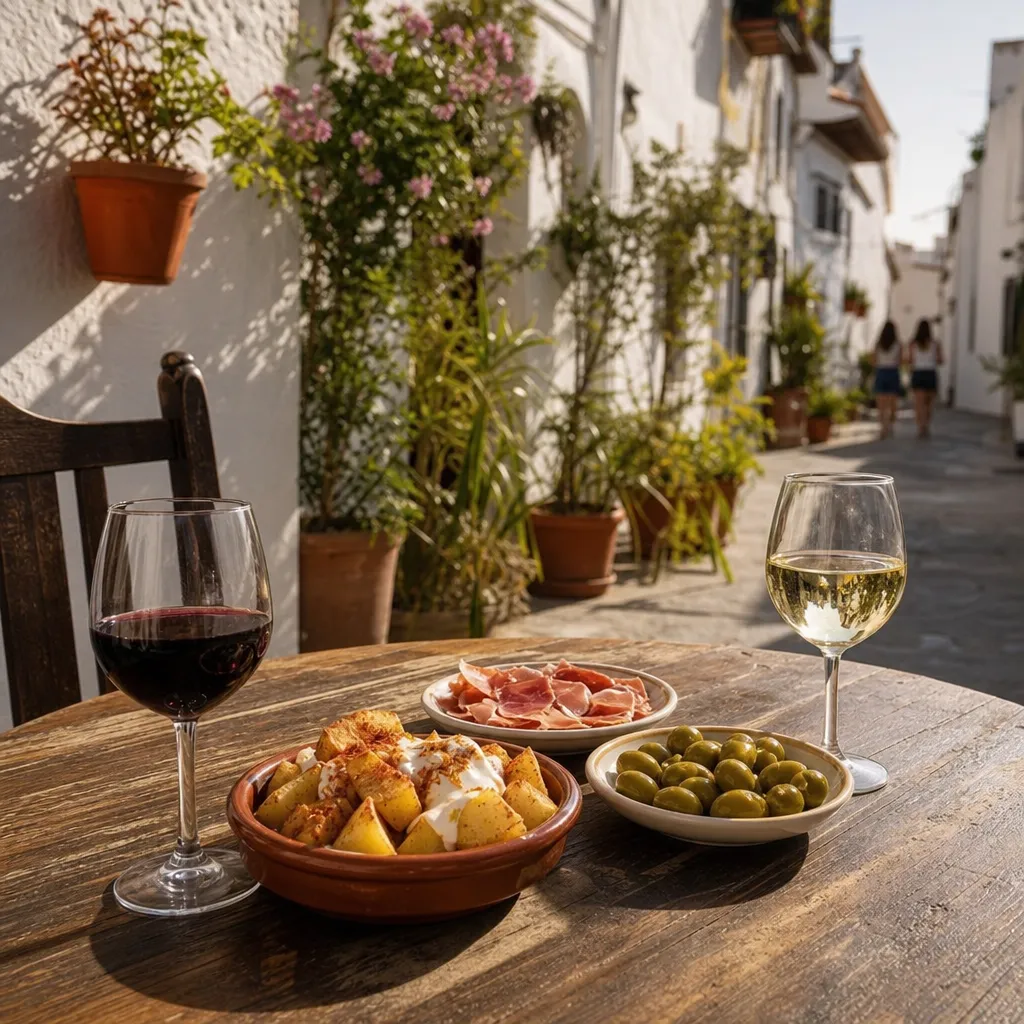 Uteservering i Spanien med tapasrätter och vin på ett runt bord framför vitkalkade husfasader