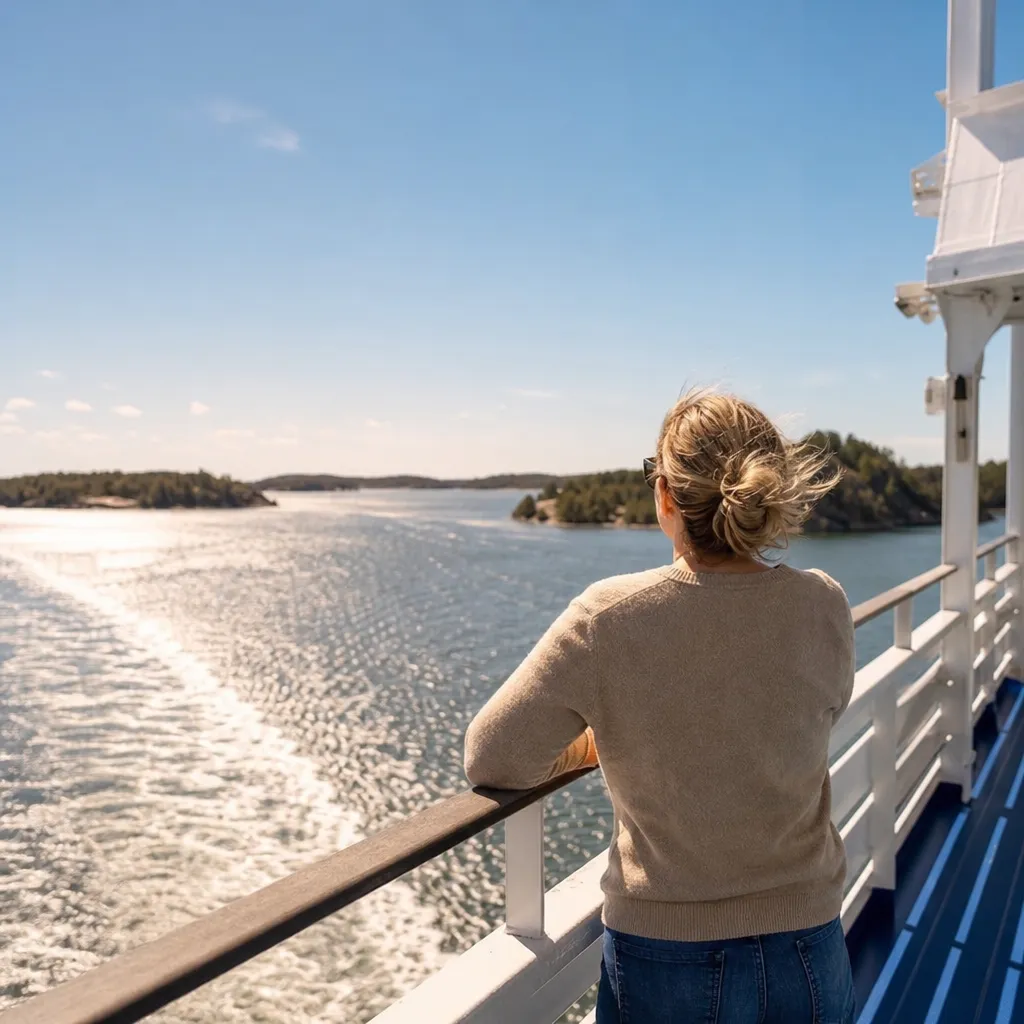 Resenär tittar ut över den finsk-svenska skärgården från färjans däck