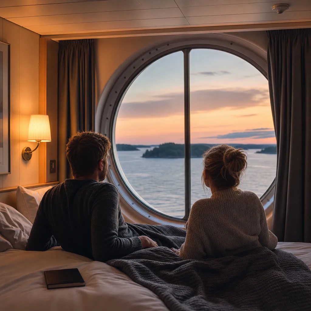 Två resenärer i en hytt med runt fönster ser skärgården glida förbi i kvällsljus under en natt-färja