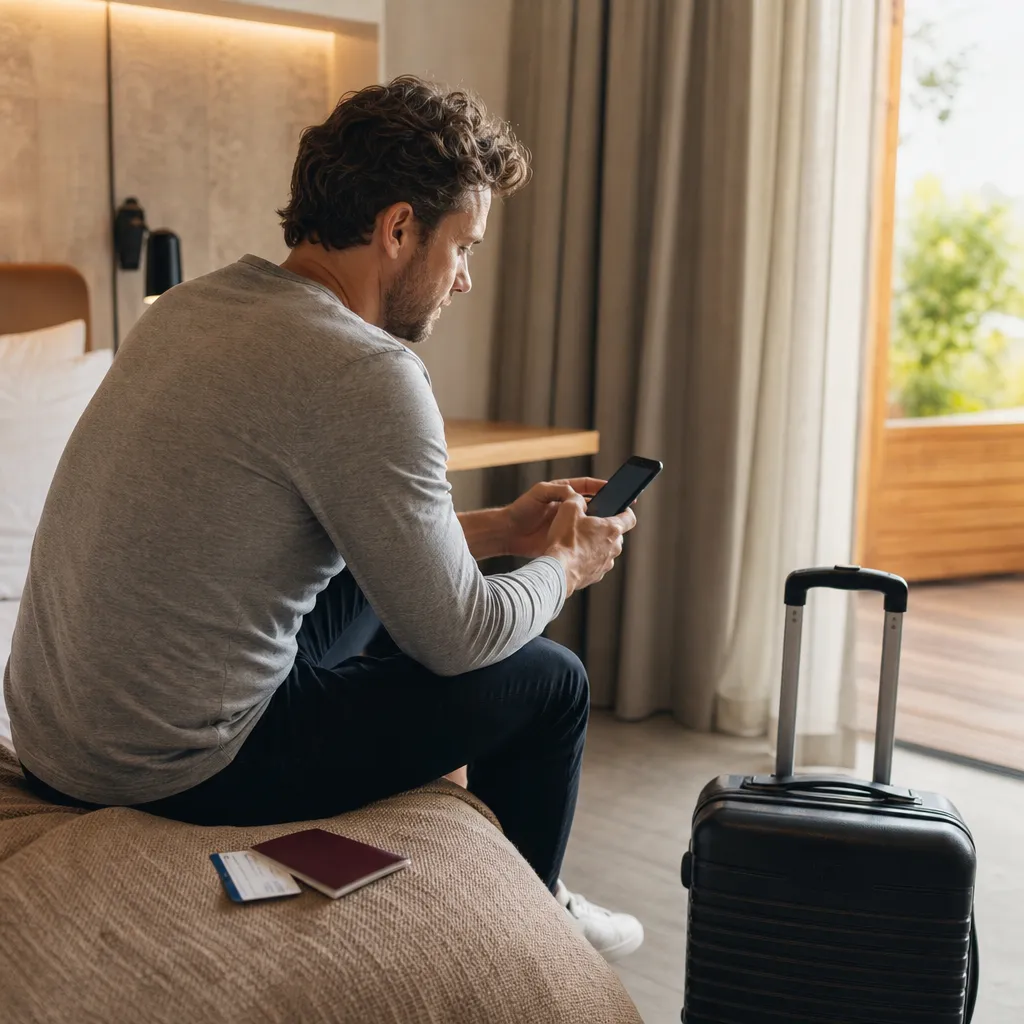Resenär sitter i ett hotellrum och tittar på sin mobiltelefon inför en resa, med resväska, pass och biljett bredvid