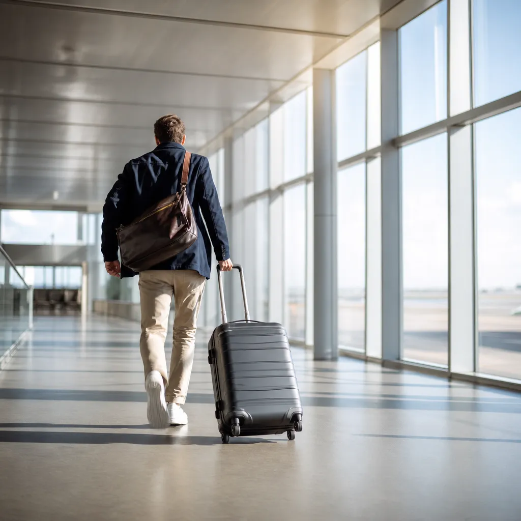 Resenär med resväska skyndar genom en flygplatsterminal mot en gate