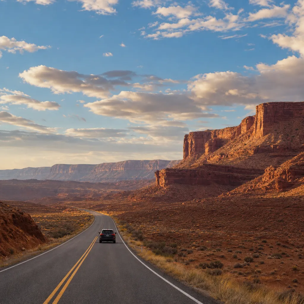 Bil på öde ökenväg genom rödbrunt klippigt canyonlandskap i sydvästra USA