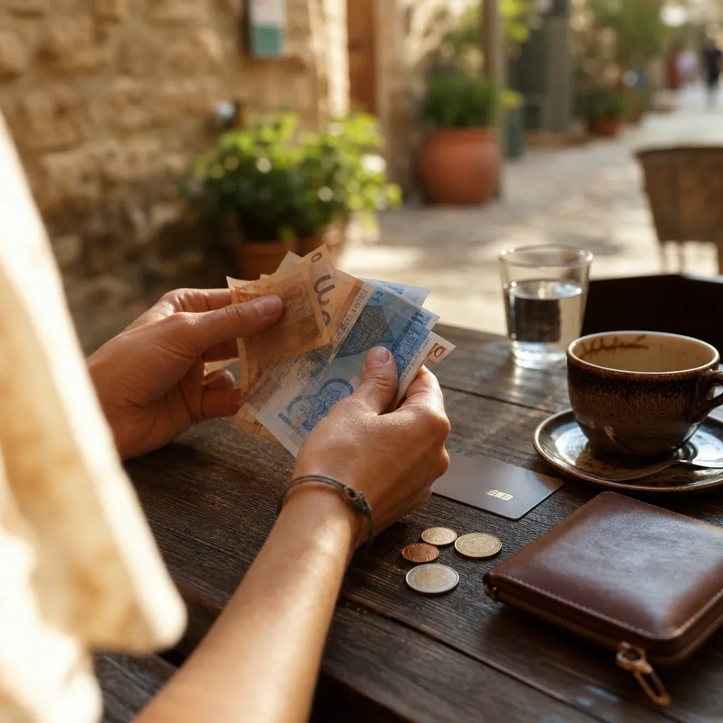 Resenär räknar utländska sedlar och mynt vid ett cafébord utomlands