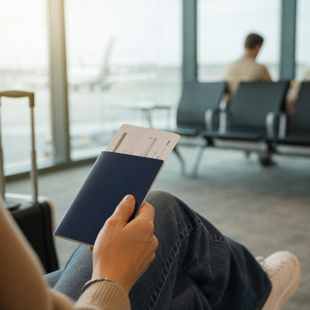 Resenär med pass och boardingpass inför en utlandsresa